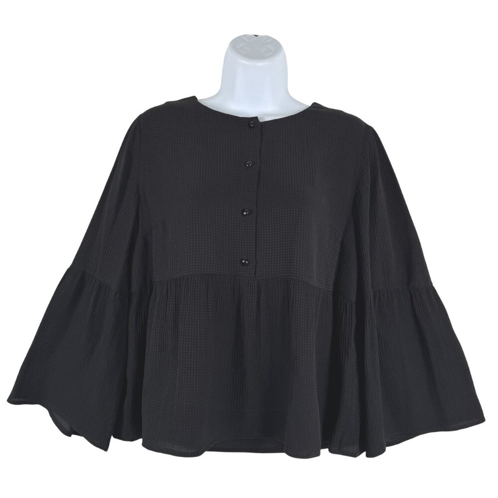 Sezane Silk Blouse‎ Peplum Top Size 34 Black Bell Sleeve Whimsigoth TP-3799